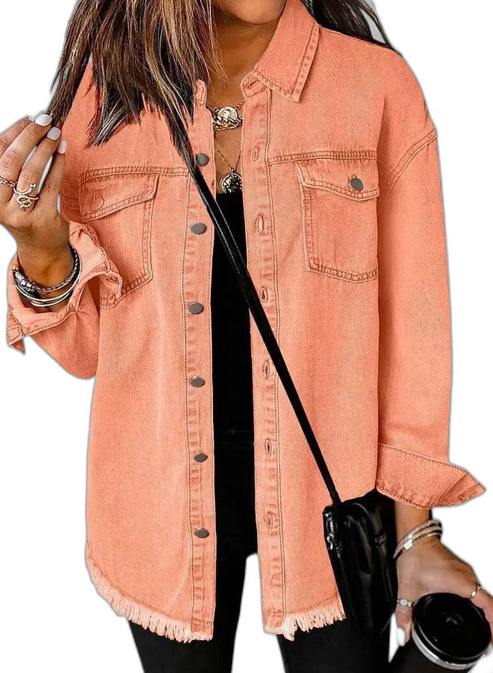 Effortless Pink Denim Jacket for Women with Collared Long Sleeve Button Front Oversized Pockets Casual Style