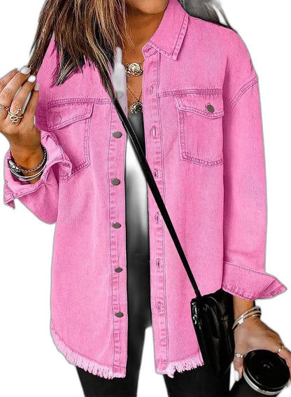 Effortless Pink Denim Jacket for Women with Collared Long Sleeve Button Front Oversized Pockets Casual Style