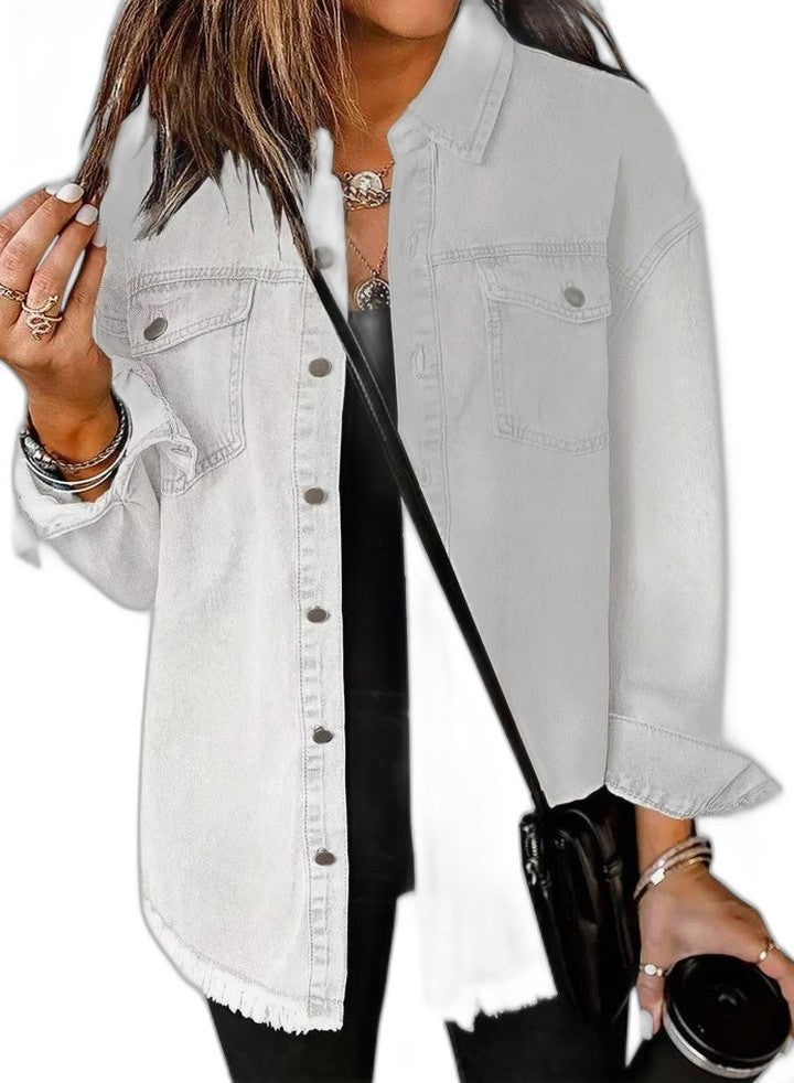 Effortless Pink Denim Jacket for Women with Collared Long Sleeve Button Front Oversized Pockets Casual Style