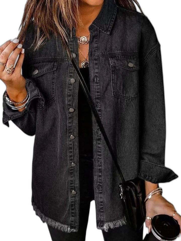 Effortless Pink Denim Jacket for Women with Collared Long Sleeve Button Front Oversized Pockets Casual Style
