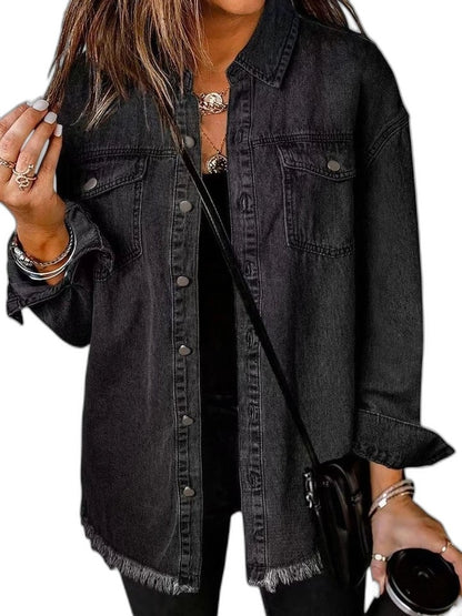 Effortless Pink Denim Jacket for Women with Collared Long Sleeve Button Front Oversized Pockets Casual Style