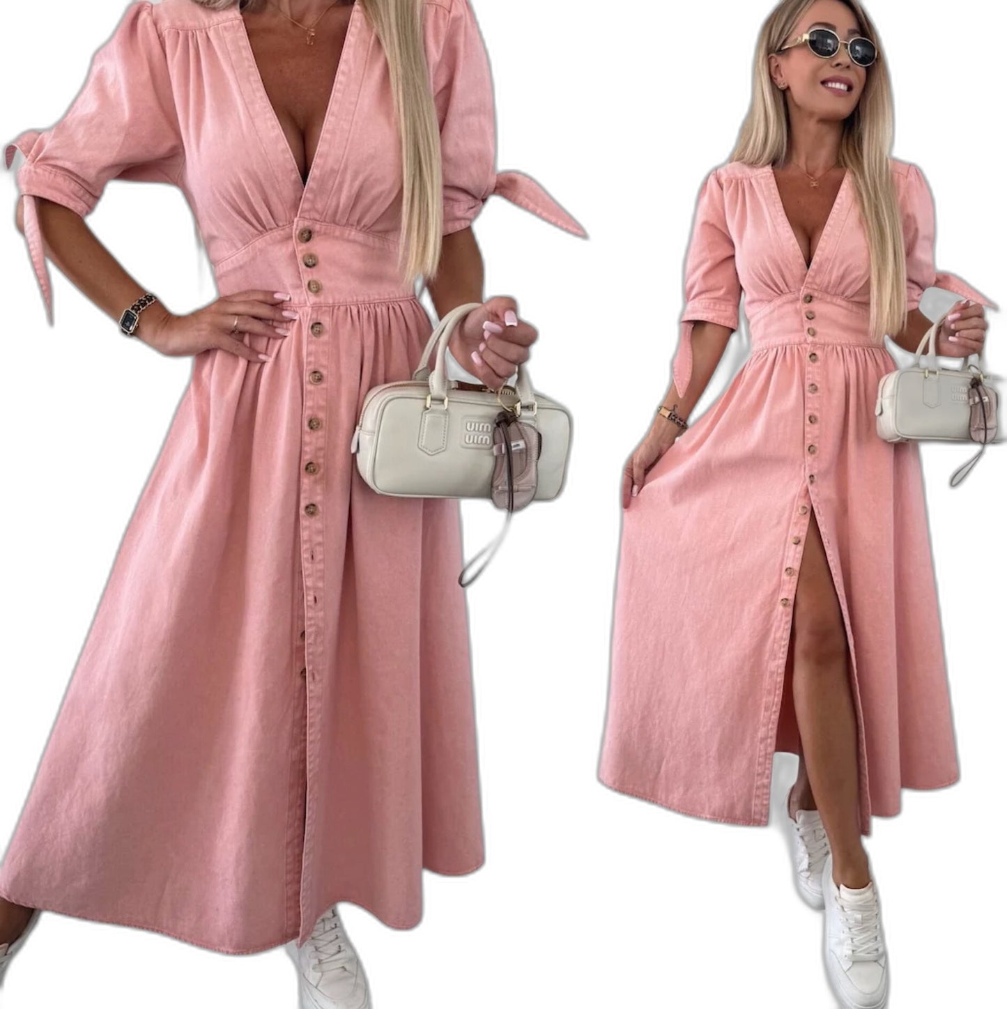 Effortless Pink Denim Maxi Dress for Women with V Neck Short Sleeve Button Front Fit And Flare Casual Style