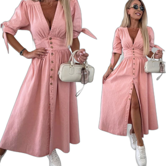 Effortless Pink Denim Maxi Dress for Women with V Neck Short Sleeve Button Front Fit And Flare Casual Style