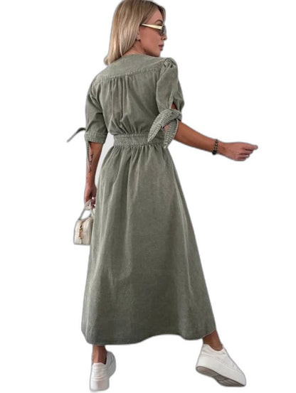 Effortless Pink Denim Maxi Dress for Women with V Neck Short Sleeve Button Front Fit And Flare Casual Style