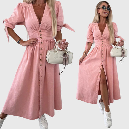 Effortless Pink Denim Maxi Dress for Women with V Neck Short Sleeve Button Front Fit And Flare Casual Style