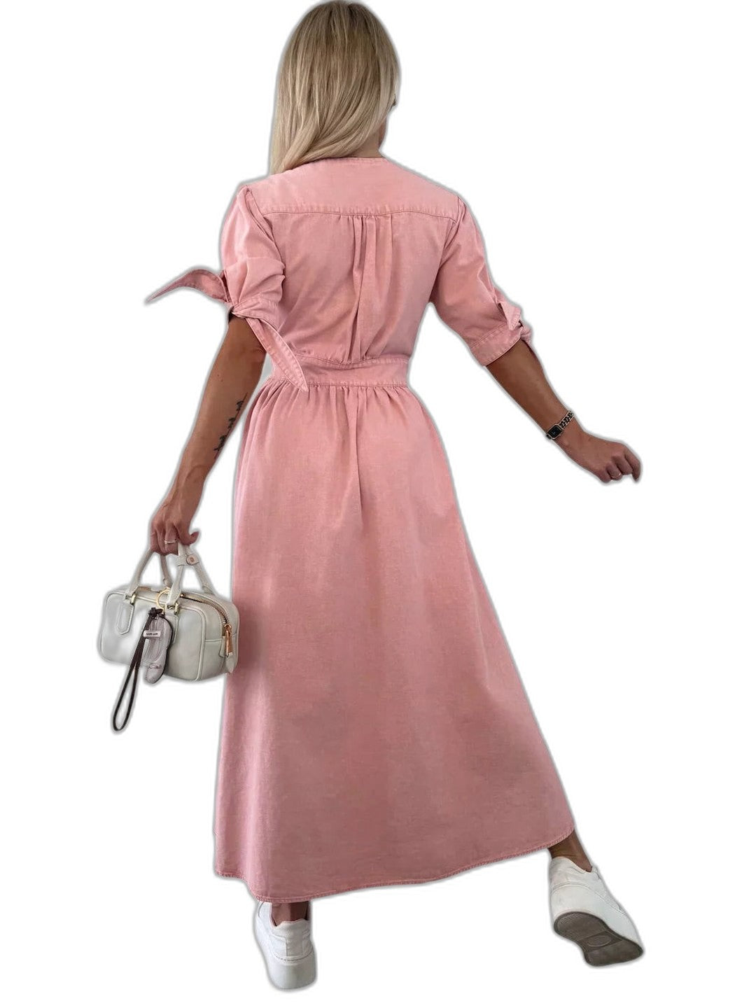 Effortless Pink Denim Maxi Dress for Women with V Neck Short Sleeve Button Front Fit And Flare Casual Style