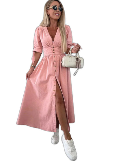 Effortless Pink Denim Maxi Dress for Women with V Neck Short Sleeve Button Front Fit And Flare Casual Style