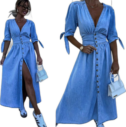 Effortless Pink Denim Maxi Dress for Women with V Neck Short Sleeve Button Front Fit And Flare Casual Style