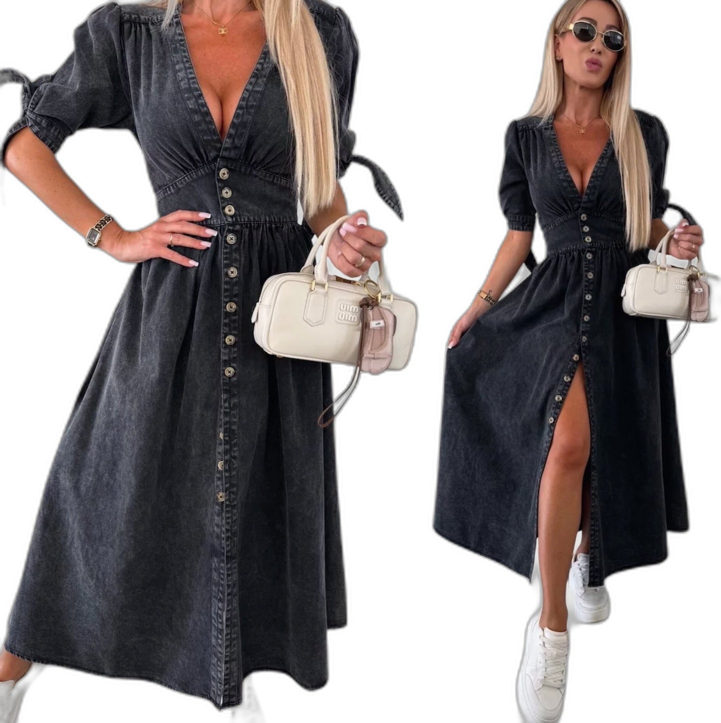 Effortless Pink Denim Maxi Dress for Women with V Neck Short Sleeve Button Front Fit And Flare Casual Style