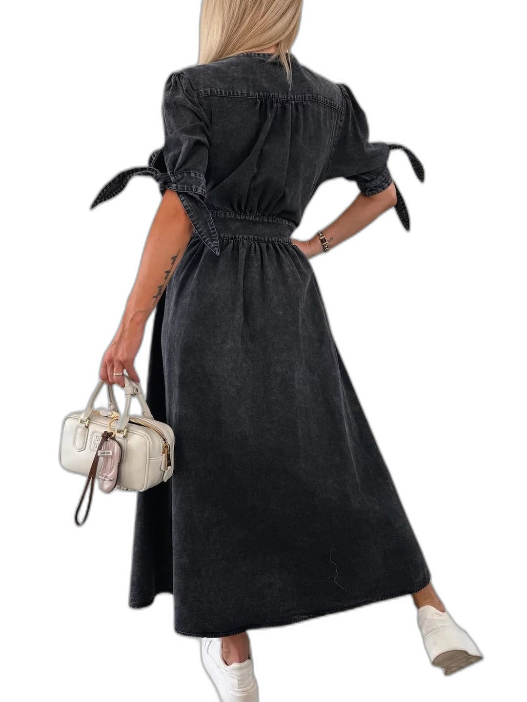 Effortless Pink Denim Maxi Dress for Women with V Neck Short Sleeve Button Front Fit And Flare Casual Style
