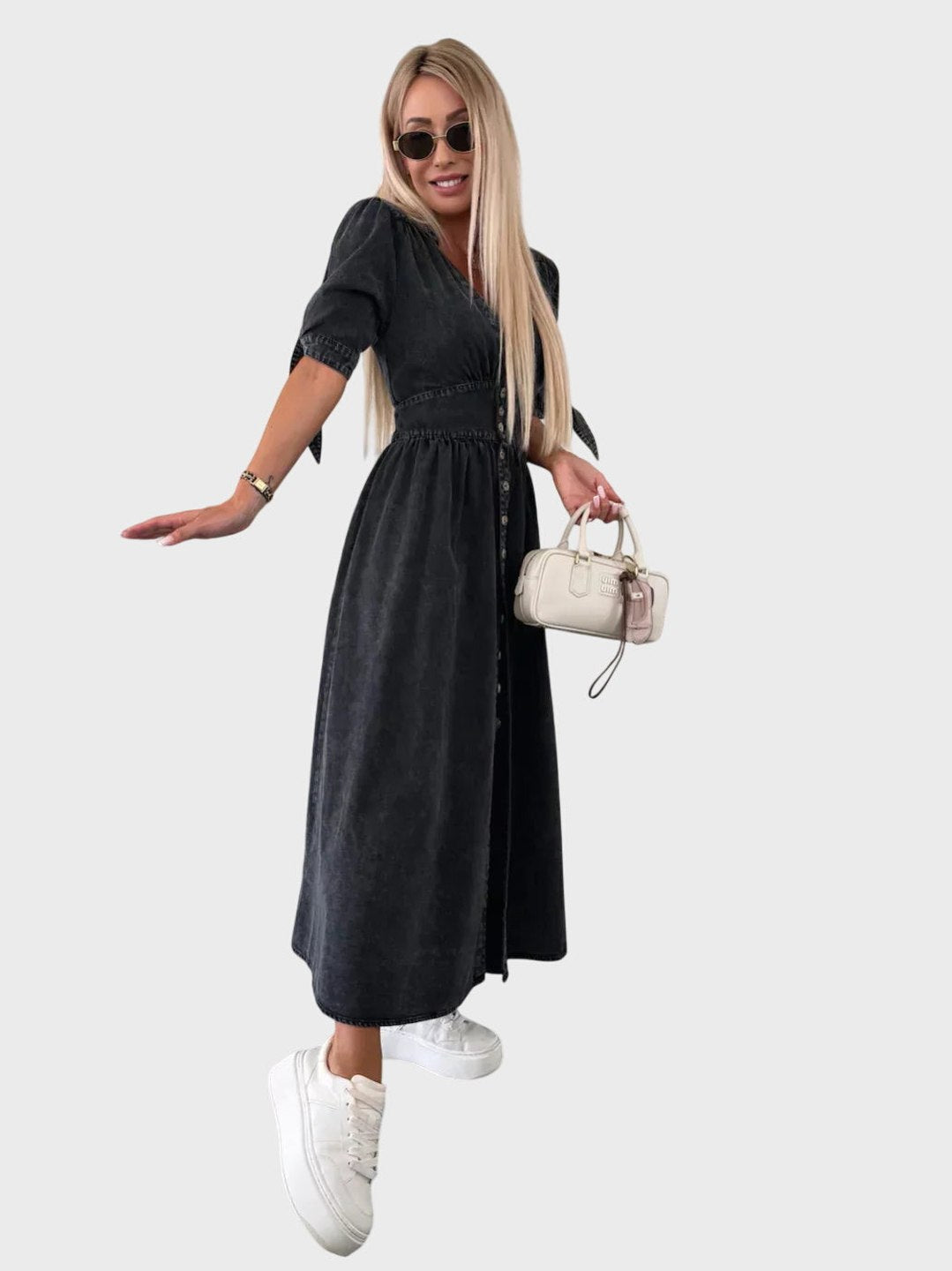 Effortless Pink Denim Maxi Dress for Women with V Neck Short Sleeve Button Front Fit And Flare Casual Style
