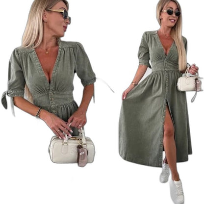 Effortless Pink Denim Maxi Dress for Women with V Neck Short Sleeve Button Front Fit And Flare Casual Style
