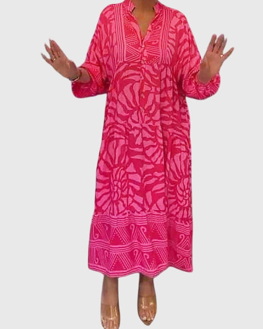 Effortless Pink Floral Maxi Dress for Women with V Neck Long Sleeve Tiered Flowing Casual Style