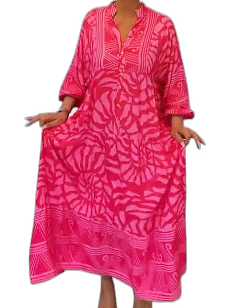 Effortless Pink Floral Maxi Dress for Women with V Neck Long Sleeve Tiered Flowing Casual Style