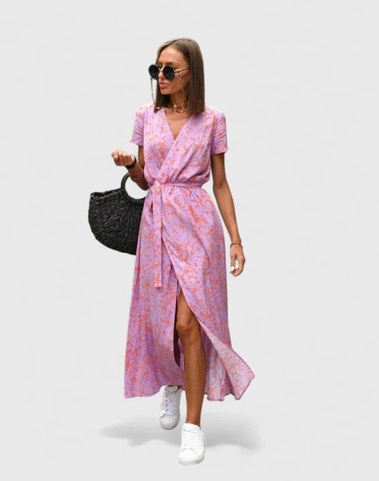 Effortless Pink Floral Midi Dress for Women with V Neck Short Sleeve Wrap Belted Casual Style