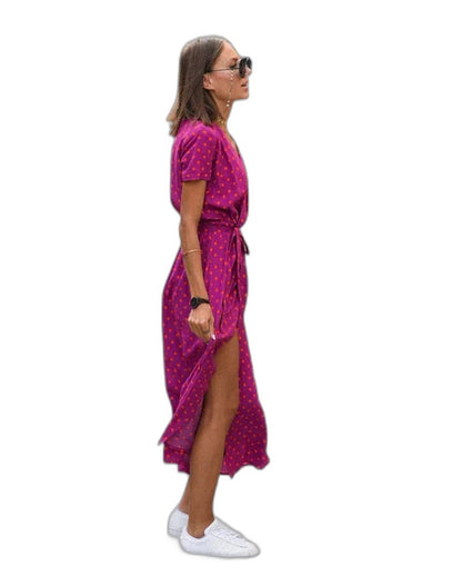 Effortless Pink Floral Midi Dress for Women with V Neck Short Sleeve Wrap Belted Casual Style