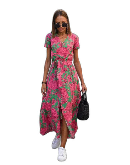 Effortless Pink Floral Midi Dress for Women with V Neck Short Sleeve Wrap Belted Casual Style