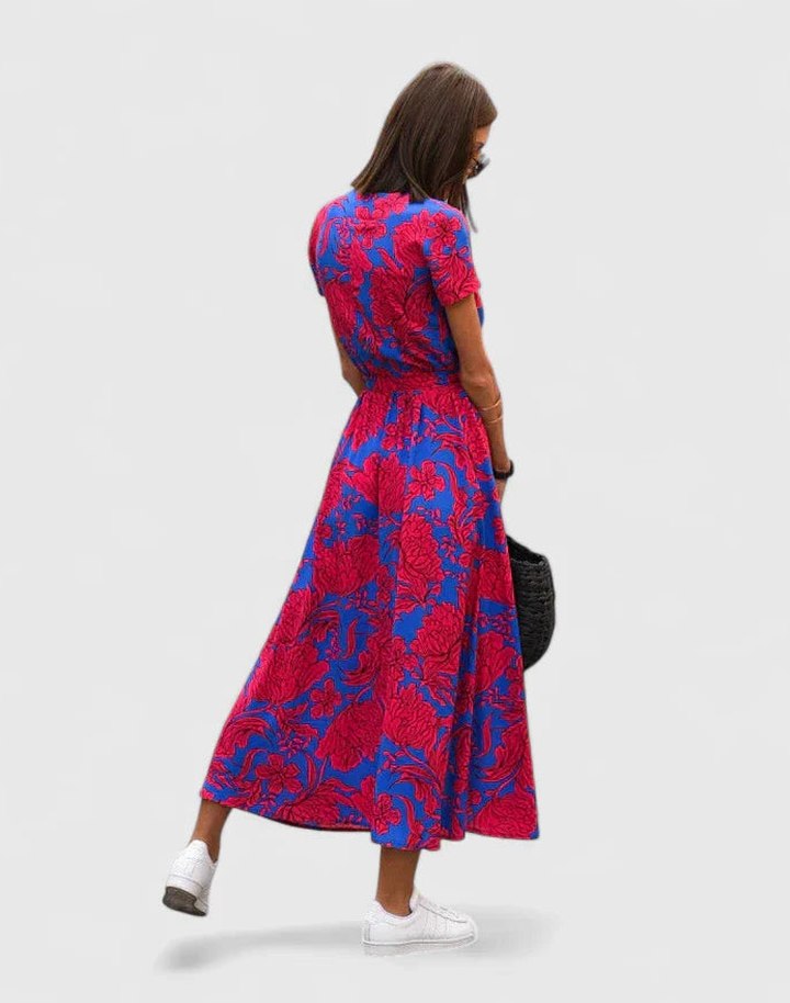Effortless Pink Floral Midi Dress for Women with V Neck Short Sleeve Wrap Belted Casual Style