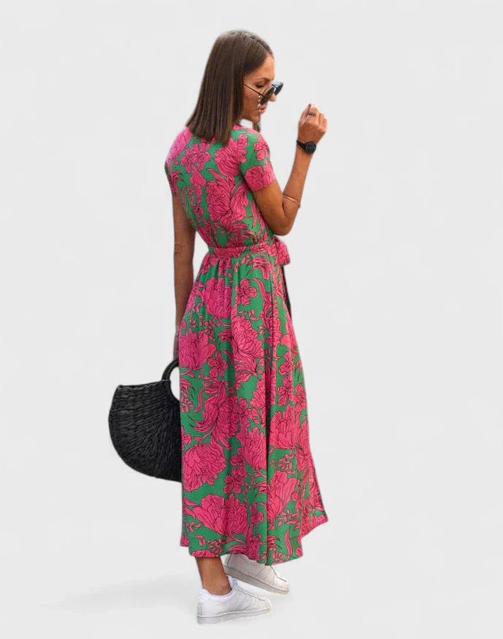 Effortless Pink Floral Midi Dress for Women with V Neck Short Sleeve Wrap Belted Casual Style
