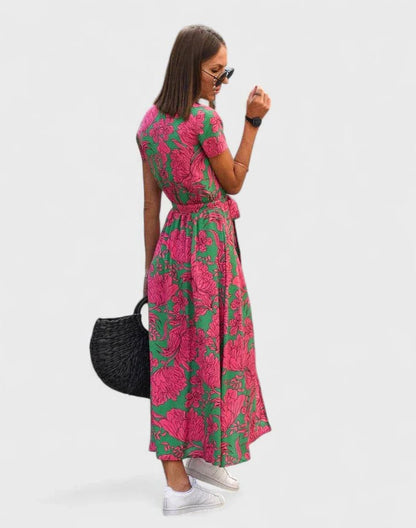 Effortless Pink Floral Midi Dress for Women with V Neck Short Sleeve Wrap Belted Casual Style