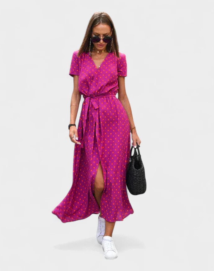Effortless Pink Floral Midi Dress for Women with V Neck Short Sleeve Wrap Belted Casual Style