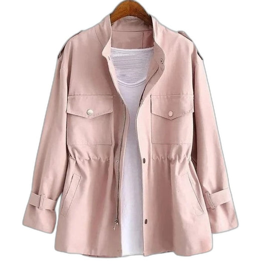 Effortless Pink Jacket for Women with Collared Long Sleeve Button Front Pockets Casual Style