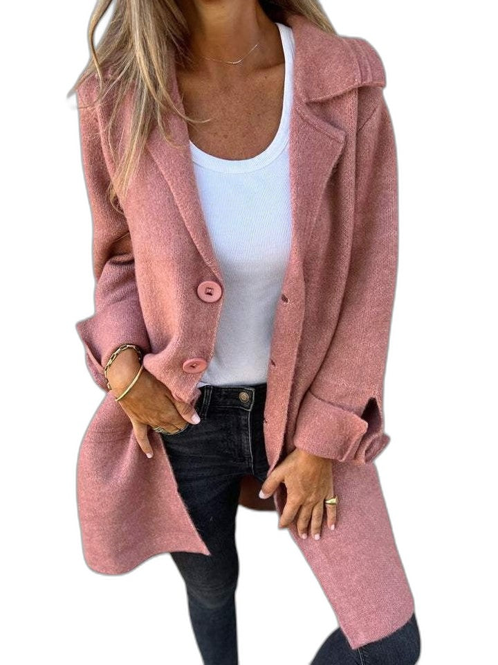 Effortless Pink Knit Blazer for Women with Collared Long Sleeve Button Front Pockets Casual Style
