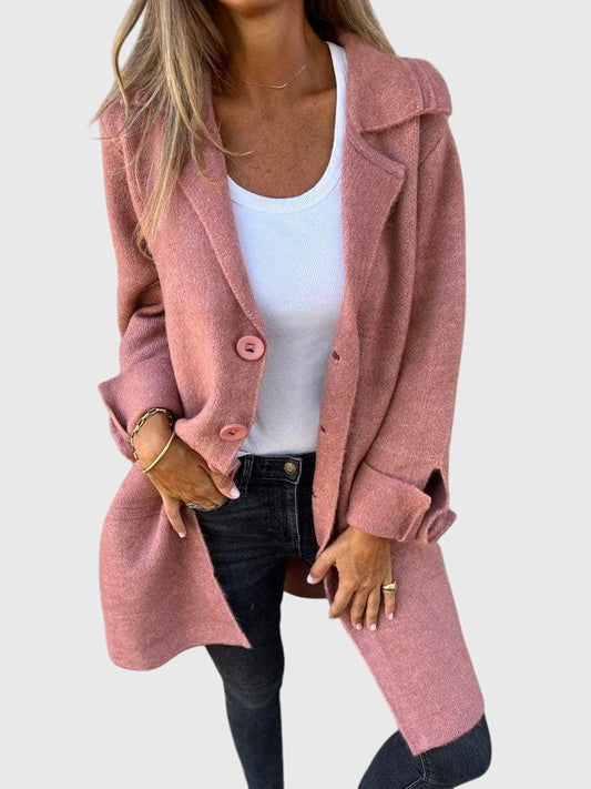 Effortless Pink Knit Blazer for Women with Collared Long Sleeve Button Front Pockets Casual Style