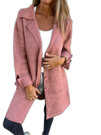 Effortless Pink Knit Blazer for Women with Collared Long Sleeve Button Front Pockets Casual Style