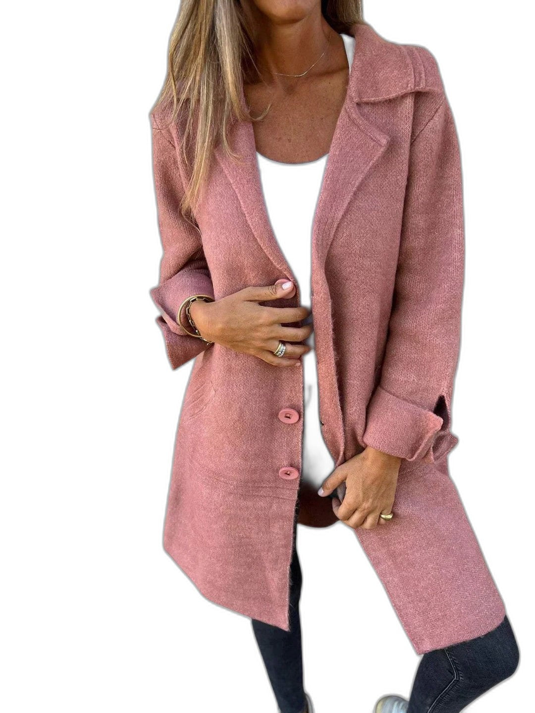 Effortless Pink Knit Blazer for Women with Collared Long Sleeve Button Front Pockets Casual Style