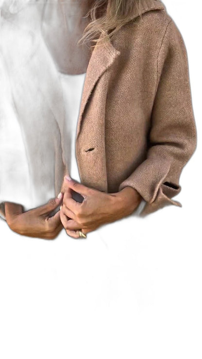 Effortless Pink Knit Blazer for Women with Collared Long Sleeve Button Front Pockets Casual Style