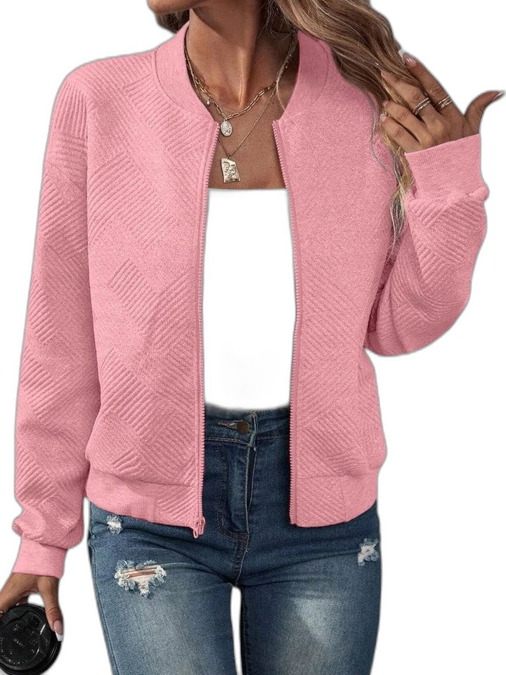 Effortless Pink Knit Jacket for Women with Collared Long Sleeve Cropped Casual Style