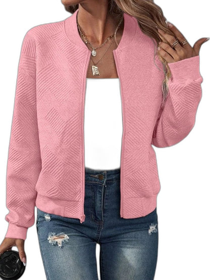 Effortless Pink Knit Jacket for Women with Collared Long Sleeve Cropped Casual Style