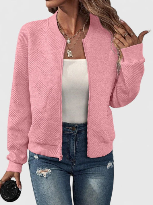 Effortless Pink Knit Jacket for Women with Collared Long Sleeve Cropped Casual Style