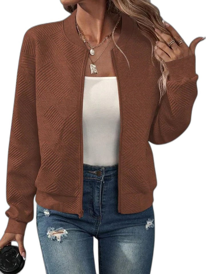 Effortless Pink Knit Jacket for Women with Collared Long Sleeve Cropped Casual Style