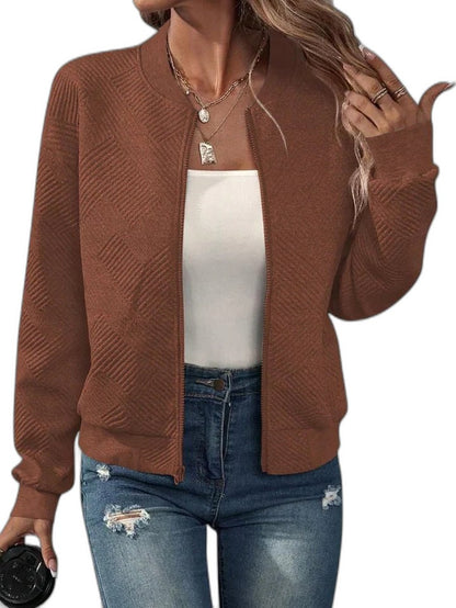 Effortless Pink Knit Jacket for Women with Collared Long Sleeve Cropped Casual Style