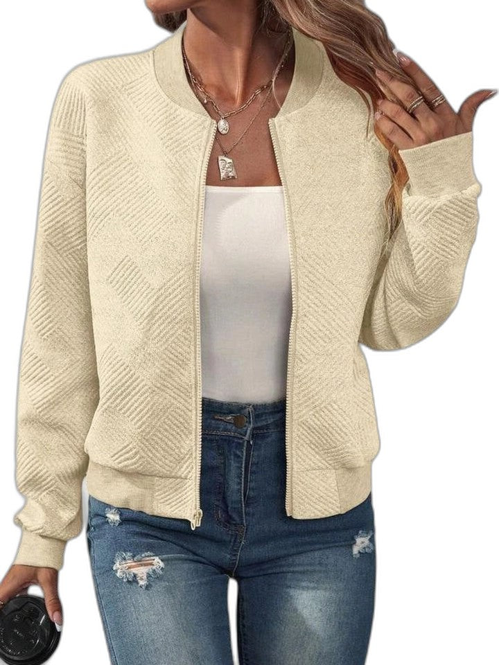Effortless Pink Knit Jacket for Women with Collared Long Sleeve Cropped Casual Style