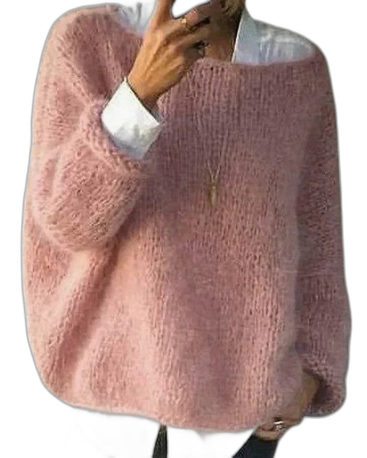 Effortless Pink Knit Sweater for Women with Boat Neck Long Sleeve Flowing Oversized Casual Style