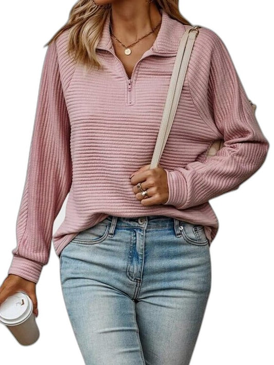 Effortless Pink Knit Sweater for Women with Collared Long Sleeve Zip Up Casual Style