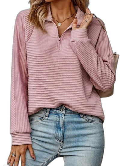 Effortless Pink Knit Sweater for Women with Collared Long Sleeve Zip Up Casual Style