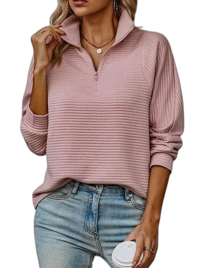 Effortless Pink Knit Sweater for Women with Collared Long Sleeve Zip Up Casual Style