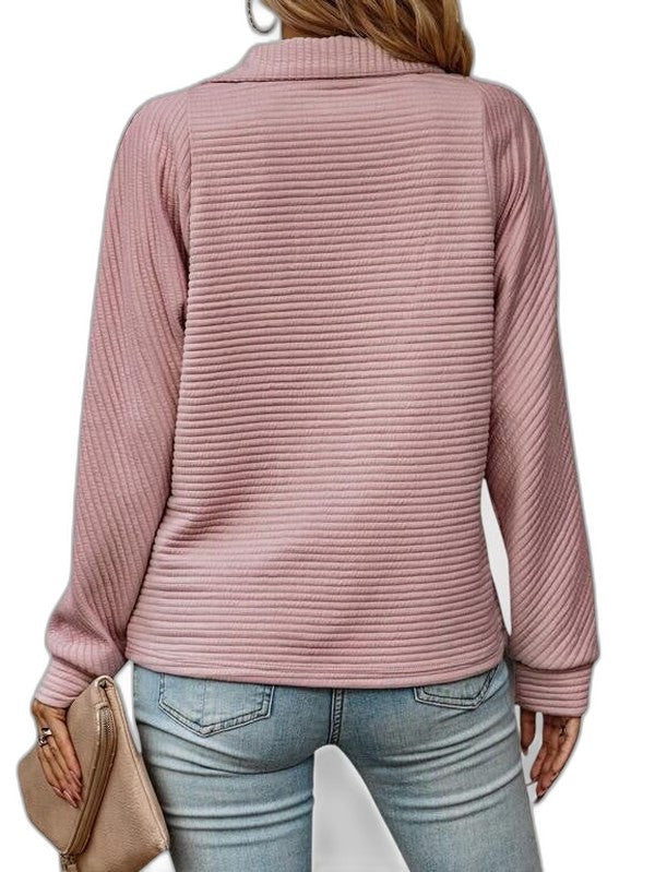 Effortless Pink Knit Sweater for Women with Collared Long Sleeve Zip Up Casual Style