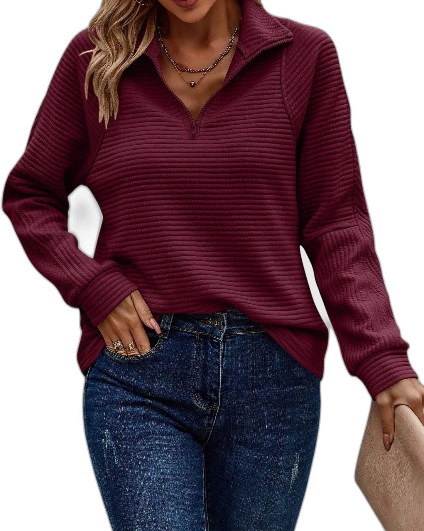 Effortless Pink Knit Sweater for Women with Collared Long Sleeve Zip Up Casual Style