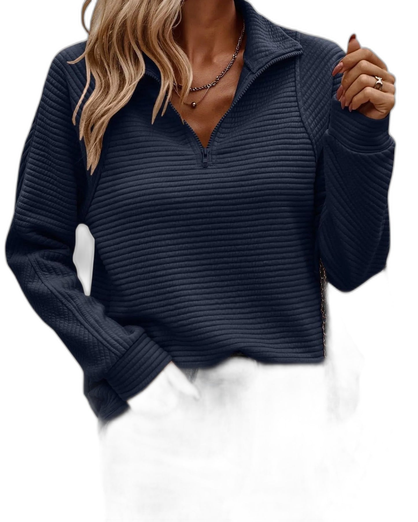 Effortless Pink Knit Sweater for Women with Collared Long Sleeve Zip Up Casual Style
