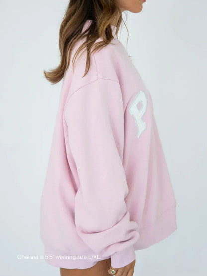 Effortless Pink Knit Sweater for Women with Crew Neck Long Sleeve Oversized Casual Style