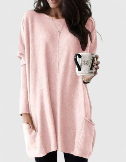 Effortless Pink Knit Sweater for Women with Crew Neck Long Sleeve Oversized Pockets Casual Style