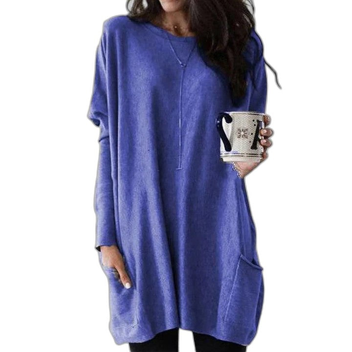 Effortless Pink Knit Sweater for Women with Crew Neck Long Sleeve Oversized Pockets Casual Style