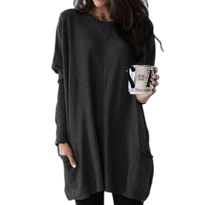 Effortless Pink Knit Sweater for Women with Crew Neck Long Sleeve Oversized Pockets Casual Style