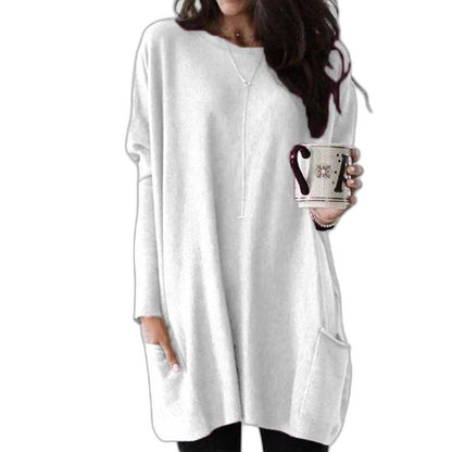 Effortless Pink Knit Sweater for Women with Crew Neck Long Sleeve Oversized Pockets Casual Style