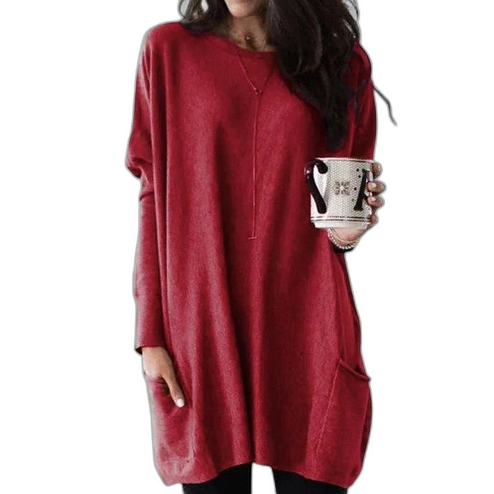 Effortless Pink Knit Sweater for Women with Crew Neck Long Sleeve Oversized Pockets Casual Style